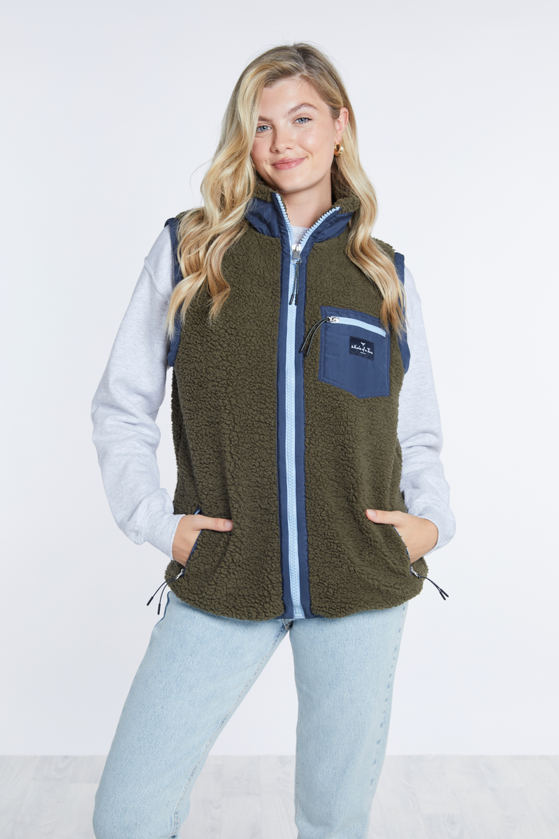 Highland Unisex Sherpa Gilet - Olive/Blue - Whale Of A Time Clothing