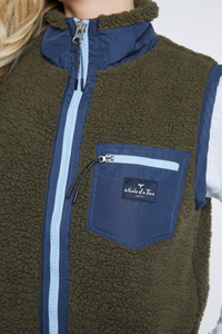 Highland Unisex Sherpa Gilet - Olive/Blue - Whale Of A Time Clothing