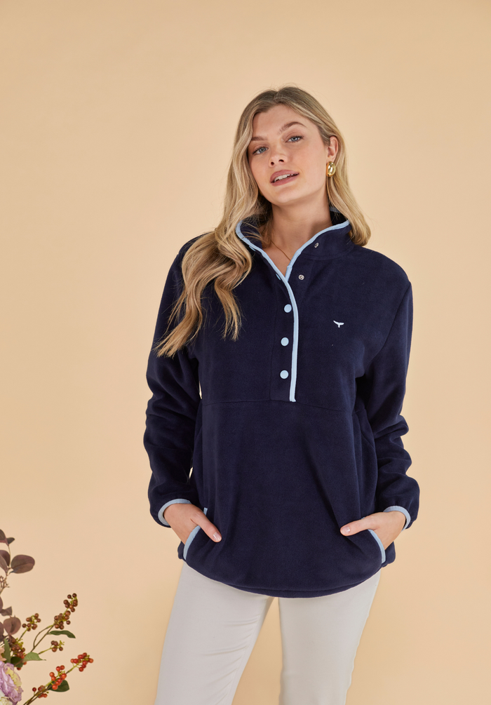 Pembroke Women's Pullover Fleece - Navy & Light Blue