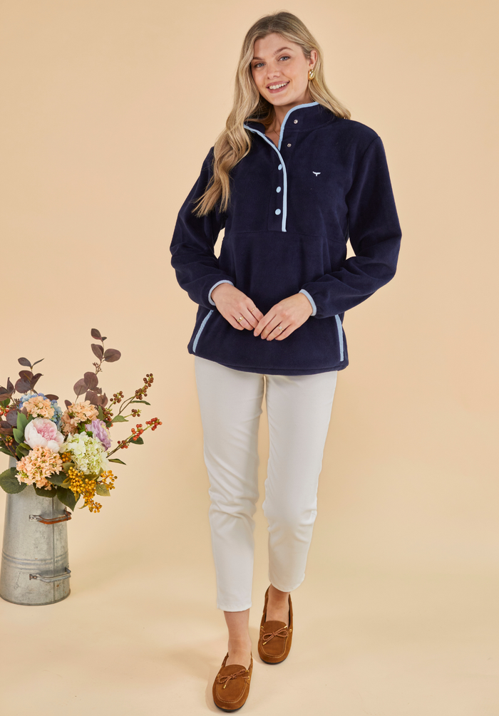 Pembroke Women's Pullover Fleece - Navy & Light Blue