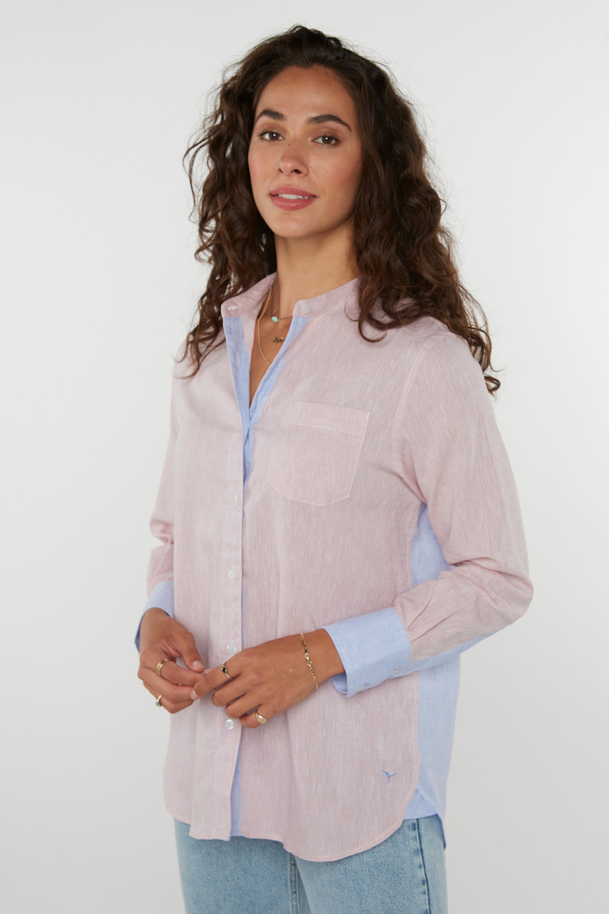 Pink linen shirt womens best sale